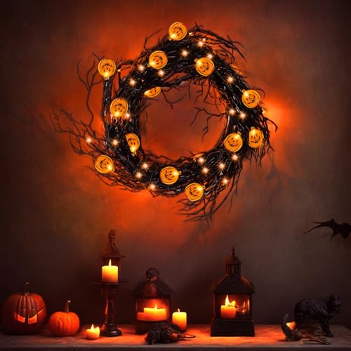 6 Ft LED Halloween Willow Vine Garland with Pumpkin Lights - Waterproof & Timer
