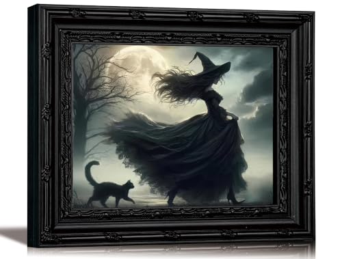 Halloween Witch Canvas Wall Art - Black Framed 12x16in with Black Cat & Moon - Variation: Witch Black Cat 16"L x 12"W