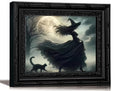 Halloween Witch Canvas Wall Art - Black Framed 12x16in with Black Cat & Moon - Variation: Witch Black Cat 16"L x 12"W
