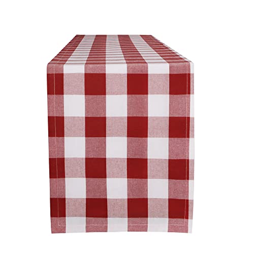 Buffalo Plaid Cotton Blend Table Runner - Red & White Checkered Farmhouse Decor, 14x108 Inch