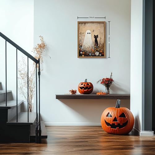 Ghost Black Cat Framed Halloween Wall Art - 24x16 Inch Spooky Cat Decor