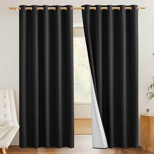 NICETOWN Blackout Linen Look Curtains 62x84 Inches Pack of 2 Black - Thermal & Soundproof Window Drapes for Bedroom & Living Room