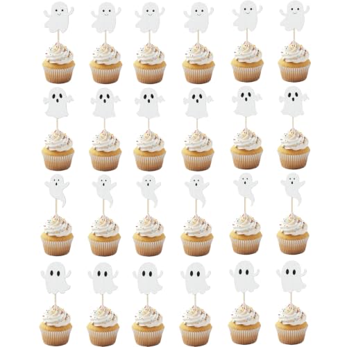 White Ghost Halloween Cupcake Toppers - 24 Pcs Glitter Cake Picks for Party