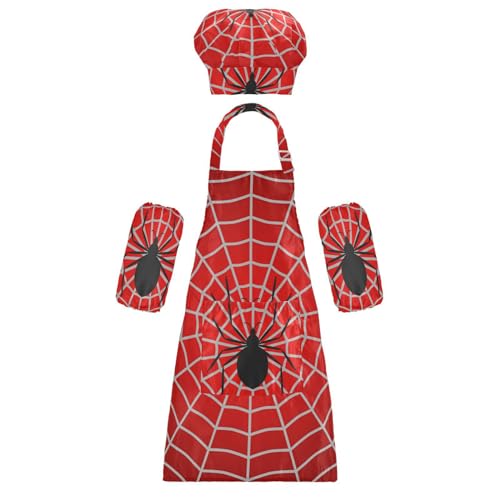 Kids Halloween Spider Web Apron Set with Chef Hat & Sleeves - Size S (Ages 3-6)