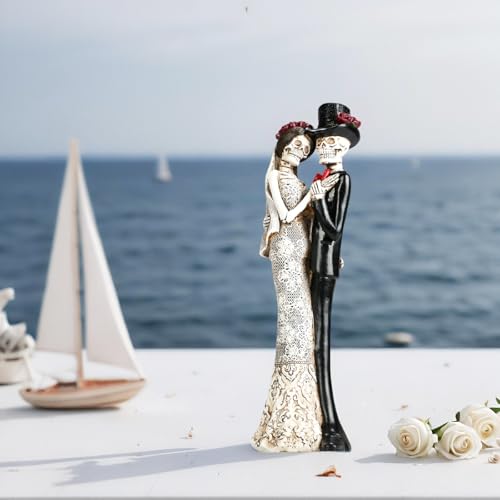 Black and White Skull Wedding Sculpture - Gothic Skeleton Figurine, Hand-Painted Resin Romantic Decor, 13 Inches