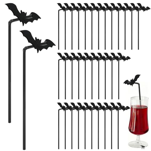 Halloween Black Glitter Bat Drinking Straws with Bat Style Toppers - 40 Pcs