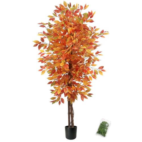 6FT Artificial Ficus Tree with Autumn Foliage - Seasonal Home Decor - Orange