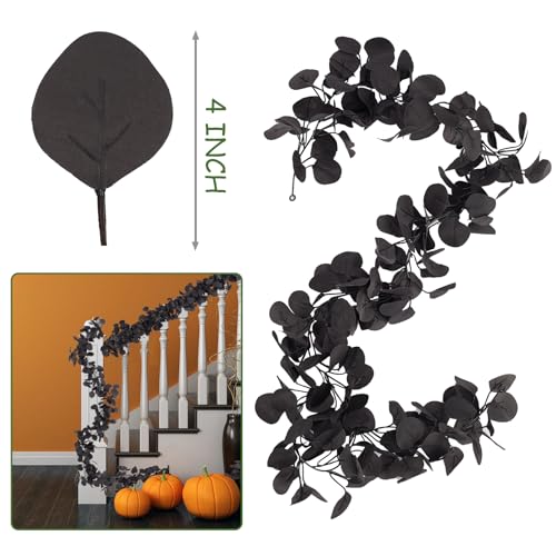 Artificial Black Eucalyptus Garland - 2 Pack, 5.91FT Halloween & Wedding Decor, Indoor Outdoor Faux Vines - Leaf Black