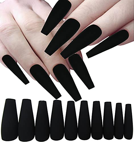 Black Long Coffin Press On Nails Set - 120 Pc Matte Fake Nails with Glue
