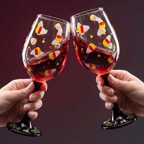 Halloween Candy Corn Stemmed Wine Glasses Set - 2 Pcs, Hand Painted, Festive Drinkware