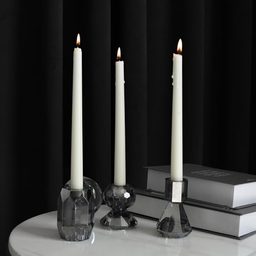 Smoky Grey Crystal Candle Holder Set of 3 - Elegant Glass Stand for Pillar Taper Tealight Candles, Wedding & Holiday Decor