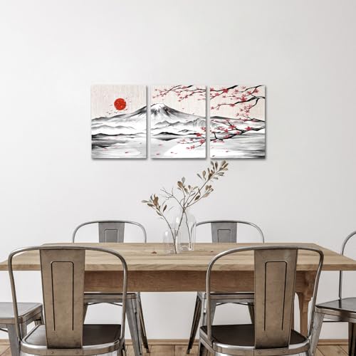 Japanese Cherry Blossom Mount Fuji Canvas Wall Art Set - 12x16 Inches, 3 Pieces