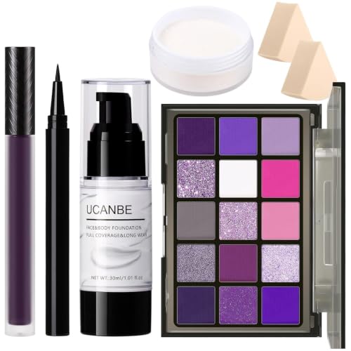 UCANBE Purple Halloween Makeup Kit - 15-Color Eyeshadow, White Foundation & Lipstick