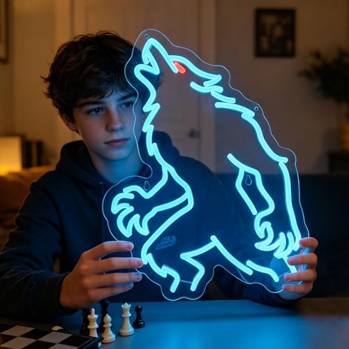Werewolf Neon Sign - Dark Fantasy LED Wall Decoration with White, Yellow, Red Variants, 16.5x12.2 Inch, USB Powered, Halloween, Man Cave, Game Room Gift