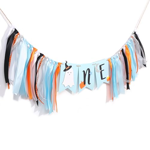 Halloween Ghost First Birthday Banner for Boys - Spooky Baby Party Decor, Blue Ghost Celebration Flag
