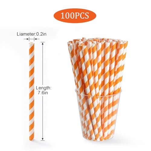 100 Pack Paper Straws - Orange & White Striped Disposable Drinking Straws for Parties