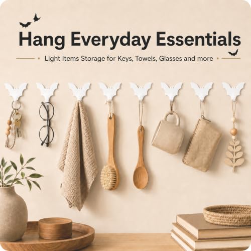 White Bat-Shaped Adhesive Wall Hooks - Set of 8 for Home & Office