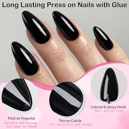 Black Medium Almond Press On Nails Kit - 240pcs Fake Nails with Glue Tabs & Tools