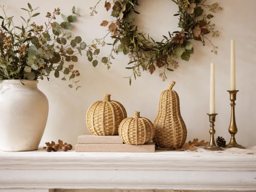 3-Piece Wicker Pumpkin Set for Fall Decor - Rustic Autumn Decoration