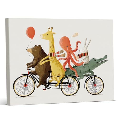 Animal Bicycle Canvas Wall Art - Whimsical Cartoon Wall Decor, Party-01