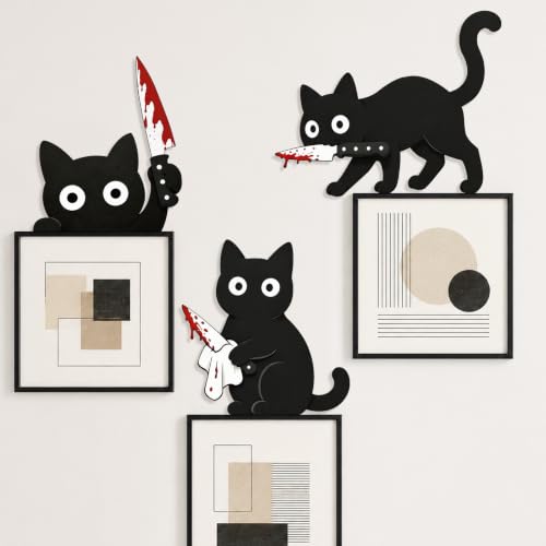 Halloween Wall Decor Set of 3 Black Cats with Knife - Spooky Wooden Party Decorations