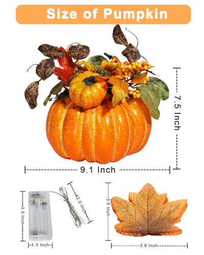 Artificial Pumpkin Centerpiece with Lights for Fall Table Decor - 9.1 Inch