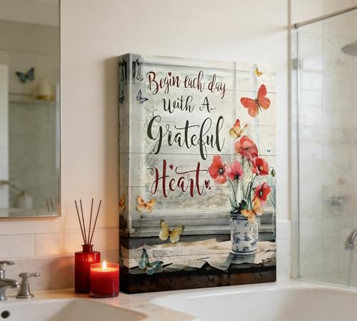 Wrapped Canvas Wall Art - Red Flower Butterfly Poppy Painting 16x24 Inches - Farmhouse Home Decor