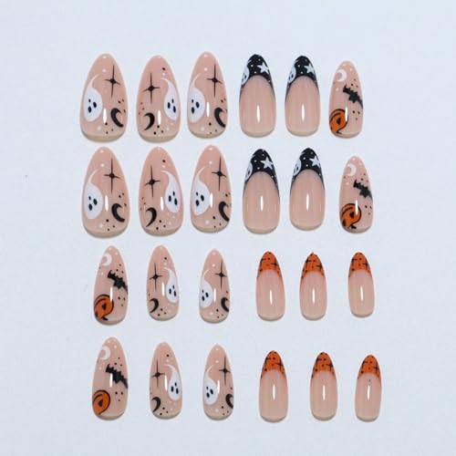 Halloween Press On Nails Medium Almond Fake Nails with Bat Pumpkin Ghost Design - Variation: Almond-10