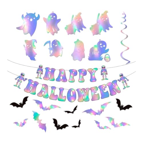 Halloween Holographic Hanging Decorations Set - Ghost Banner & 3D Bat Wall Stickers