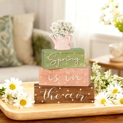 Daisy Farmhouse Spring Tiered Tray Decorations - 4 Wooden Sign Blocks - Daisy Variation