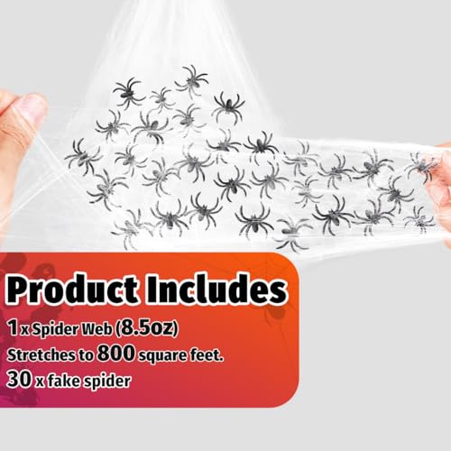 Large Spider Web Halloween Decoration - 800 Sq Ft with 30 Plastic Spiders