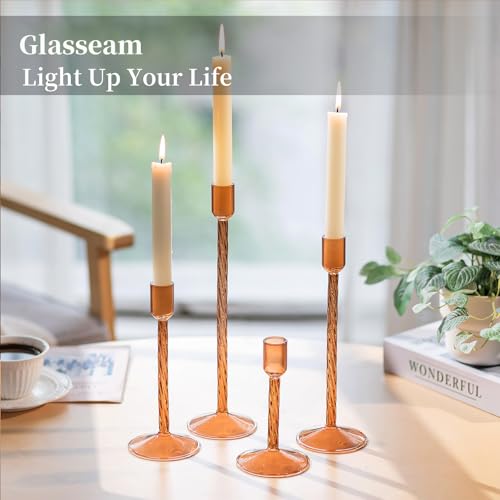 Amber Taper Candlestick Holders - 4 Pack with Brown Variation, Elegant Thanksgiving Table Decor