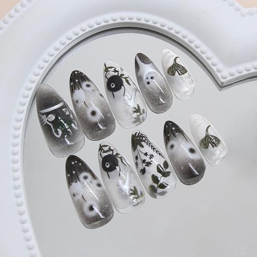 BABALAL Medium Almond Press-On Nails - Black Gothic Ghost Decvil Punk 24Pcs with Nail Glue - Variation BFNZ002
