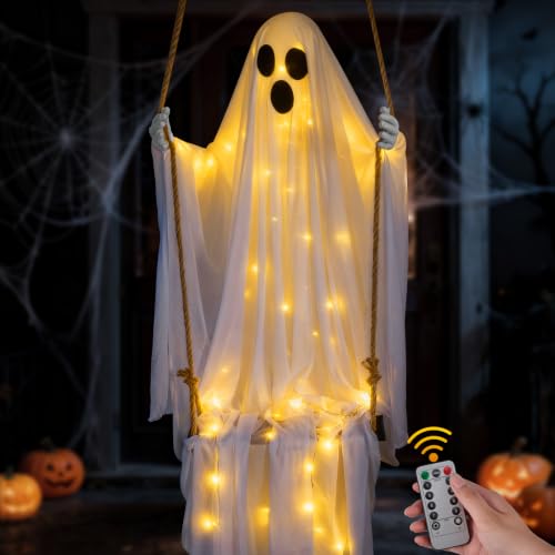Halloween Decorations Outdoor 4.6FT Hanging Swing Ghost with 8 Light Modes - Yard Porch Decor