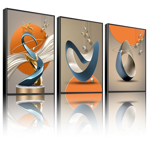 Black Framed 3-Piece Modern Abstract Canvas Wall Art - Gold Deer & Foil Lines, 16x24 Inches