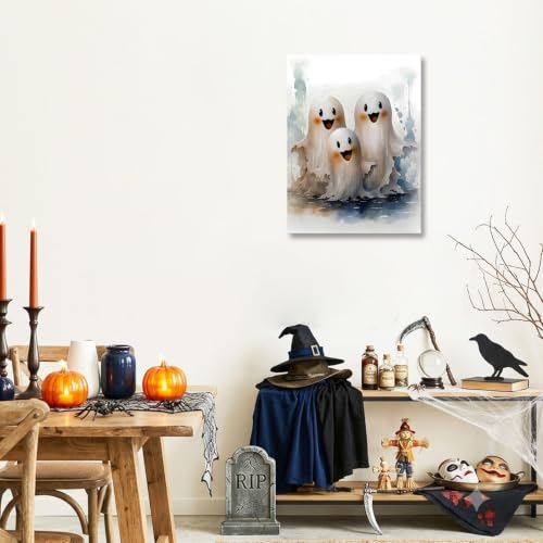 Halloween Canvas Wall Art - Whimsical Ghosts in Haunted Forest 18x24 Inches - Dark Romantic Home Decor