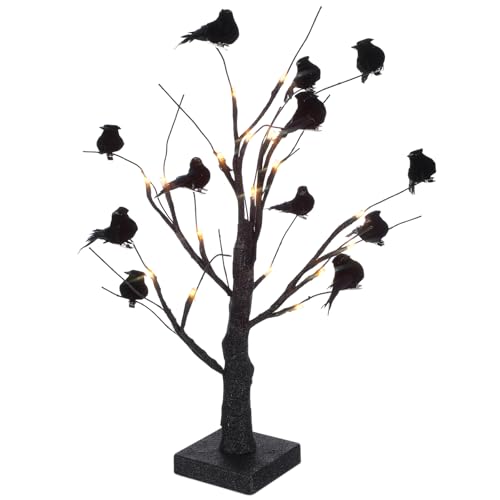 Halloween Tree & Bird Decoration Set with LED Lights - Black, 13 Pieces