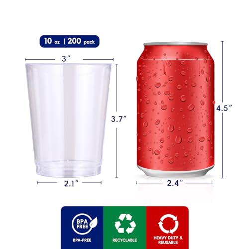 200 Pack 10 oz Clear Disposable Plastic Cups Heavy Duty Party Tumblers