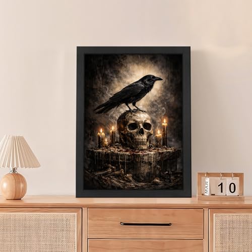 Gothic Crow Wall Art Canvas Print - Raven Skull Dark Academia Decor 16"L x 12"W - Black Frame