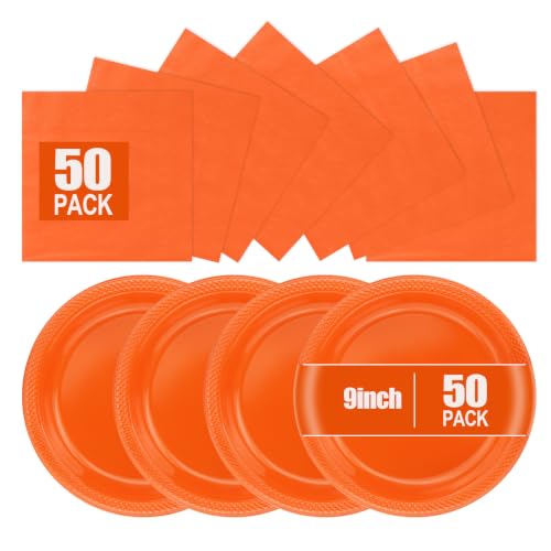 Orange Plastic Party Plates 100 Pack for Halloween & Fall Celebrations - 9 Inch & Napkins Included