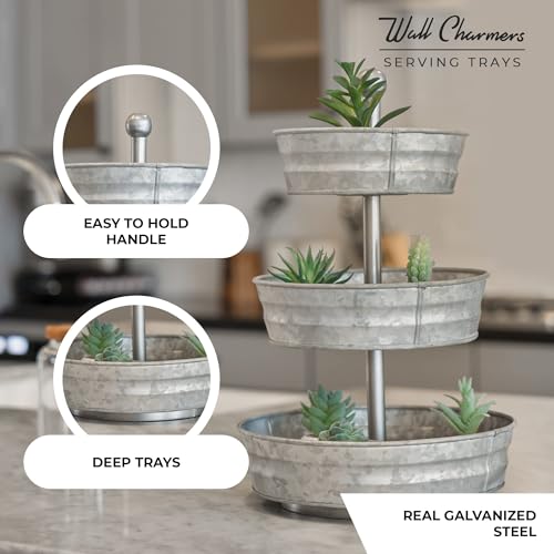 WallCharmers Galvanized Metal 3-Tier Serving Tray - 18 Inch Kitchen Decor