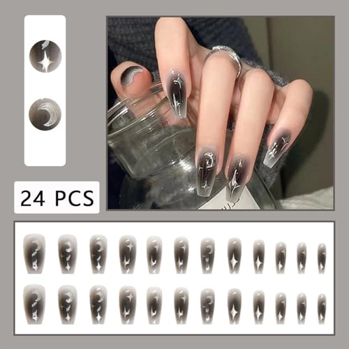 Star Press-On Nails Medium Coffin Shape Black Gradient Moon & Star Design - Reusable Silver Gray Fake Nails for Women & Girls - 24pcs