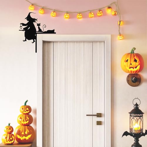 Black Halloween Door Corner Sign Witch on Broom and Cat Metal Decor - Home & Party