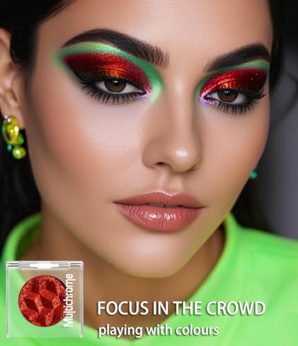 Red Glitter Eyeshadow Palette - True Red #R1, Multi-Dimensional Chrome & Holographic Shimmers, Long-Lasting Waterproof Makeup