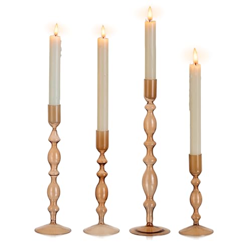 Tall Glass Candlestick Holders Set with 4 Sizes - Fall Decor, Amber Variation 2 (S+M+L+XL)