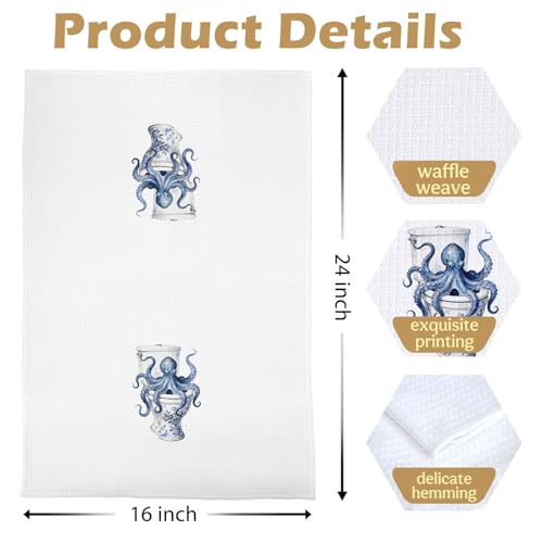 Octopus Bathroom Decor Set - Nautical Waffle Towels for Kitchen & Bath - 16x24 Inches - Variation: Octopus