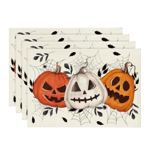 Halloween Pumpkin & Spider Web Placemats Set of 4 - 12x18 Inch Fall Table Decor - Beige