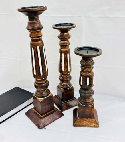 Set of 3 Rustic Mango Wood Candle Holders for Pillar Candles - Farmhouse Home Decor