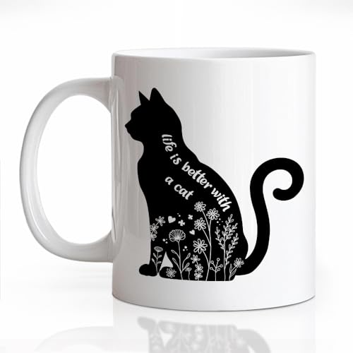 Funny Life Is Better With A Cat Ceramic Coffee Mug - Black/White - 11oz