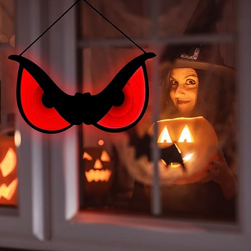 Halloween Spooky Eye Lights - Red Eyeballs, 20-Inch Wooden Window Decor with 7 Color Modes, USB & Battery Operated